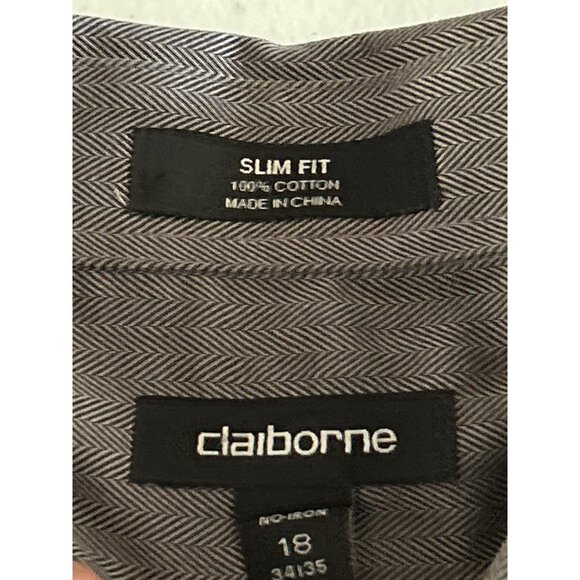 Claiborne Mens No Iron Slim Fit Long Sleeve Grey Button-Up Dress Shirt Size 18 - Picture 3 of 6